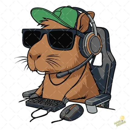 Vector Carpincho Capybara Gamer con Auriculares y Silla Pro para Sublimación