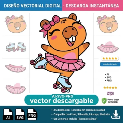 Vector Carpincho Capybara Patinadora con Tutu Rosado para Sublimación