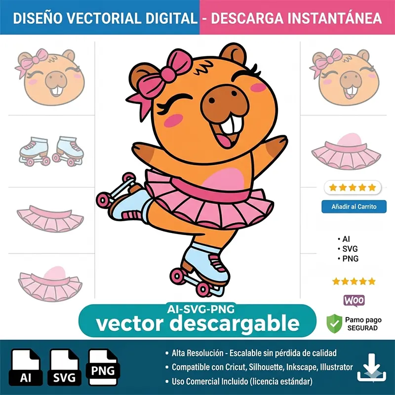 Vector Carpincho Capybara Patinadora con Tutu Rosado para Sublimación1 Vector Carpincho Capybara Patinadora con Tutu Rosado para Sublimación