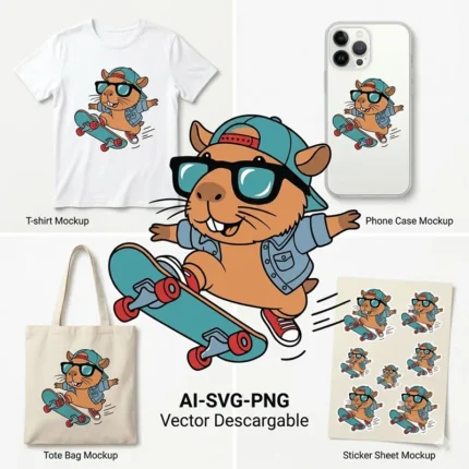Vector Carpincho Capybara Skater en Patineta con Gafas para Sublimación