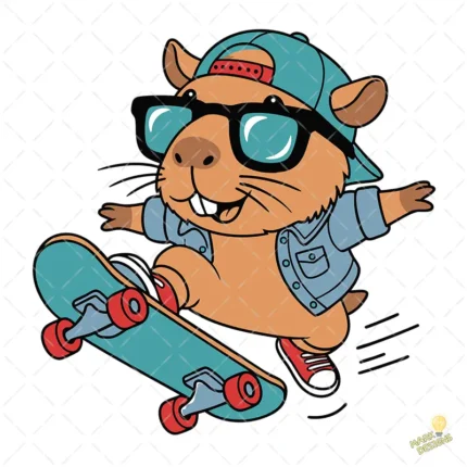 Vector Carpincho Capybara Skater en Patineta con Gafas para Sublimación
