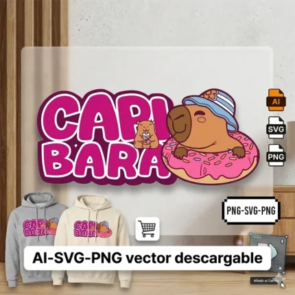 Vector Carpincho Capybara con Flotador de Dona y Sombrero para Sublimación
