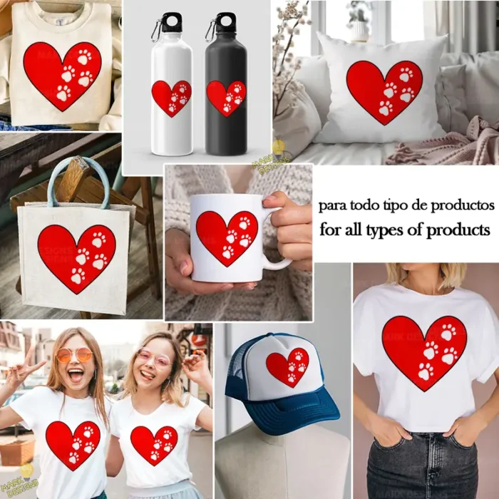 Vector Corazón Rojo con Huellas de Mascota para Sublimación