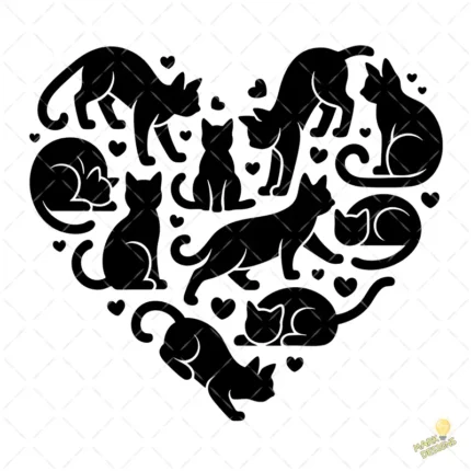 Vector Corazón de Gatos Siluetas Variadas para Sublimación