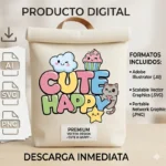 Vector Frase Cute Happy Kawaii con Personajes Tiernos para Sublimación