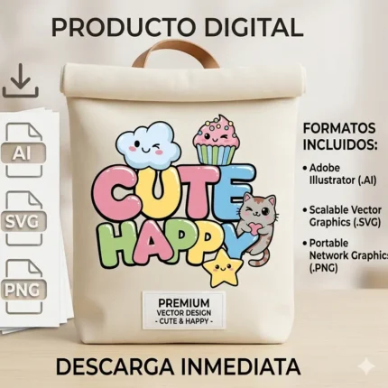 Vector Frase Cute Happy Kawaii con Personajes Tiernos para Sublimación