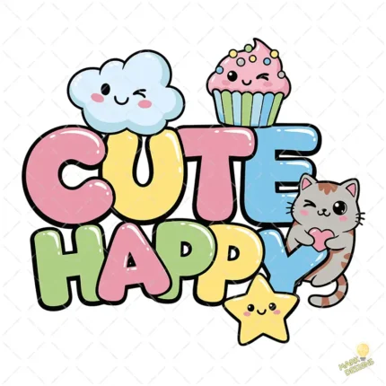 Vector Frase Cute Happy Kawaii con Personajes Tiernos para Sublimación
