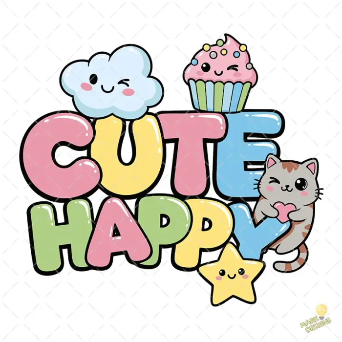 Vector Frase Cute Happy Kawaii con Personajes Tiernos para Sublimación