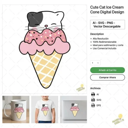 Vector Gatito Helado en Cono con Chispitas para Sublimación de Tazas