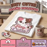 Vector Gatito Kawaii Hey Cutie con Frase y Corazones para Sublimación