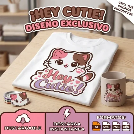 Vector Gatito Kawaii Hey Cutie con Frase y Corazones para Sublimación