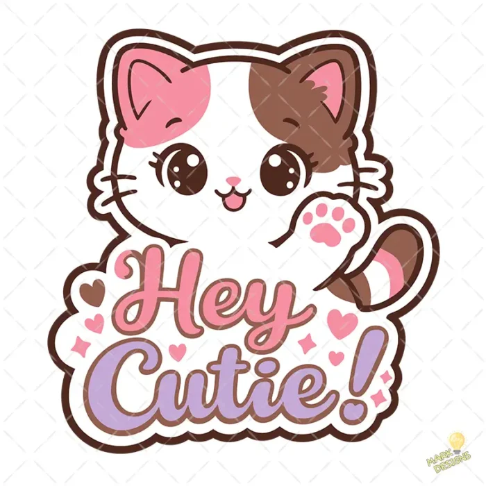 Vector Gatito Kawaii Hey Cutie con Frase y Corazones para Sublimación