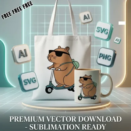 Vector Gratis Carpincho Capybara con Gafas en Monopatín para Sublimación