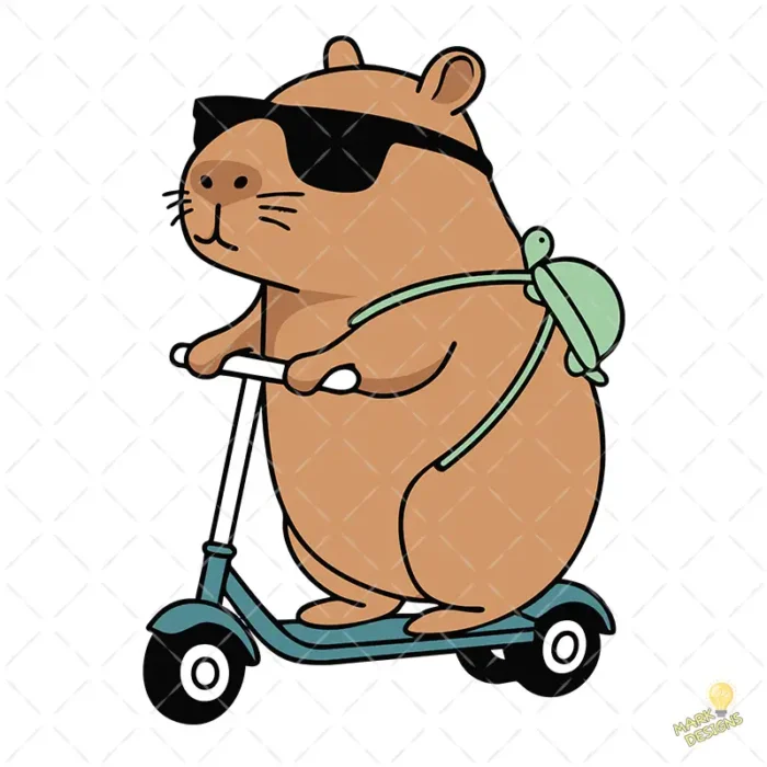 Vector Gratis Carpincho Capybara con Gafas en Monopatín para Sublimación