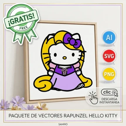 Vector Gratis Hello Kitty Rapunzel Princesa de Disney Mashup para Sublimación
