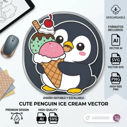 Vector Gratis Pingüino Kawaii Abrazando Cono de Helado para Sublimación
