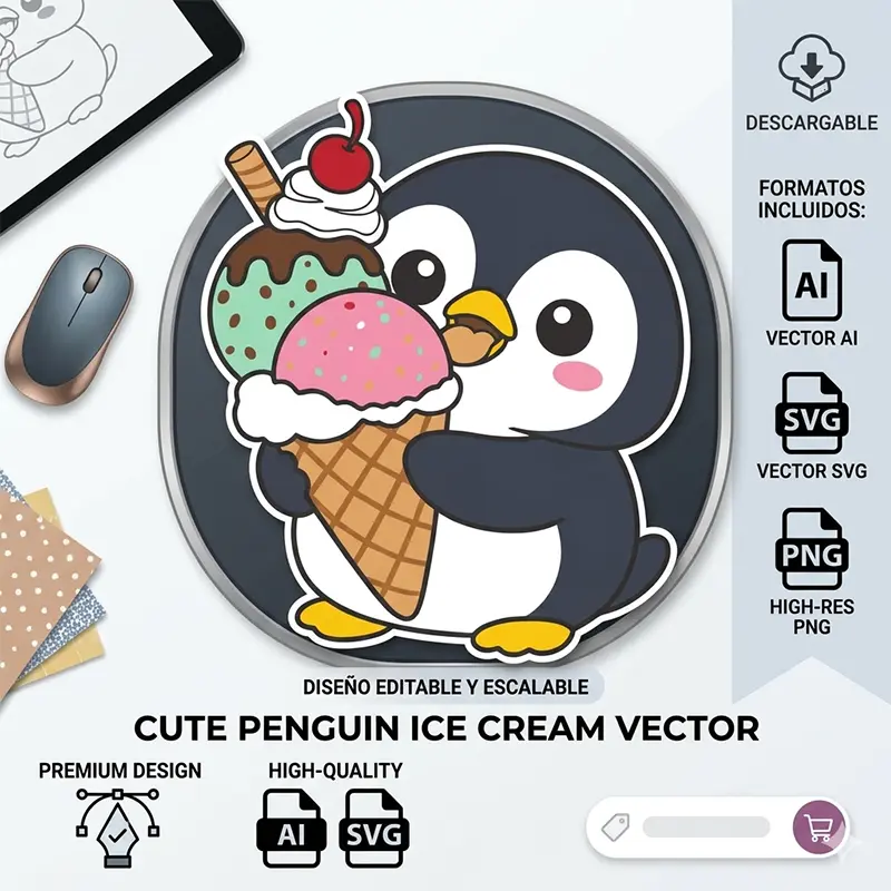 Vector Gratis Pingüino Kawaii Abrazando Cono de Helado para Sublimación1 Vector Gratis Pingüino Kawaii Abrazando Cono de Helado para Sublimación