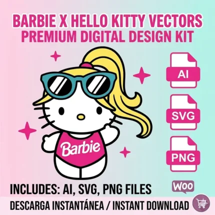 Vector Hello Kitty Barbie con Gafas de Sol y Traje de Baño para Sublimación