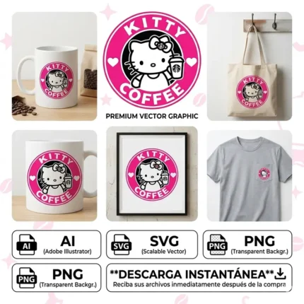 Vector Hello Kitty Coffee Isologotipo Circular Rosa para Sublimación