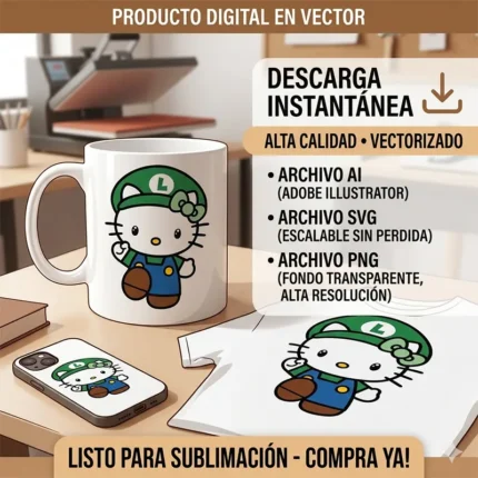 Vector Hello Kitty Luigi Super Mario Bros Gamer Mashup para Sublimación