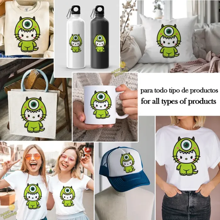 Vector Hello Kitty Mike Wazowski Monsters Inc Animación Mashup para Sublimación