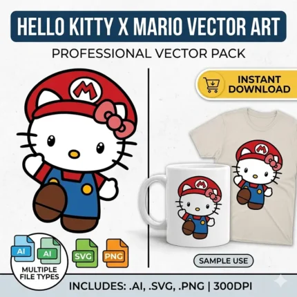 Vector Hello Kitty Super Mario Bros Gamer Mashup para Sublimación