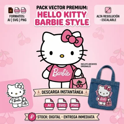 Vector Hello Kitty Vestida de Barbie con Cartera Mashup para Sublimación