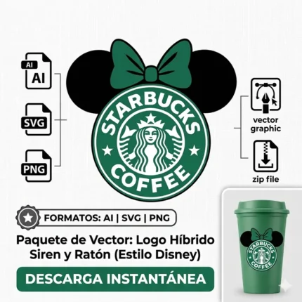 Vector Minnie Mouse Starbucks Coffee Isologotipo Circular para Sublimación
