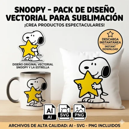 Vector Snoopy Abrazando Estrella Amarilla Ilustración para Sublimación