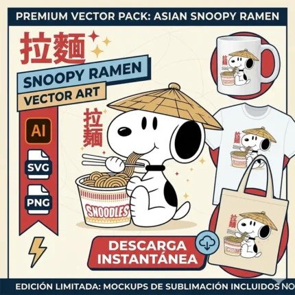 Vector Snoopy Comiendo Ramen Snoodles Estilo Asiático para Sublimación