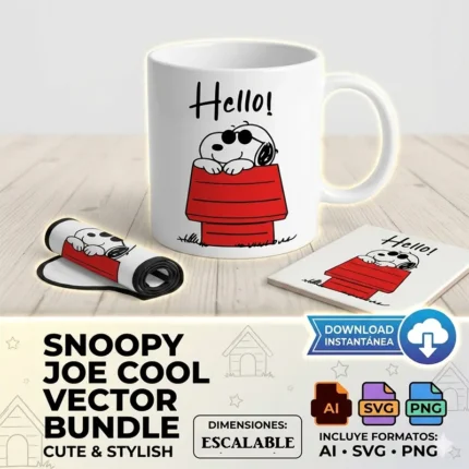 Vector Snoopy Joe Cool en Casa Roja con Frase Hello para Sublimación
