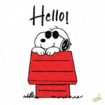 Vector Snoopy Joe Cool en Casa Roja con Frase Hello para Sublimación