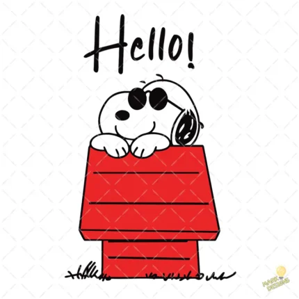 Vector Snoopy Joe Cool en Casa Roja con Frase Hello para Sublimación