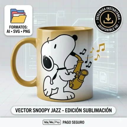 Vector Snoopy Tocando Saxofón con Notas Musicales para Sublimación