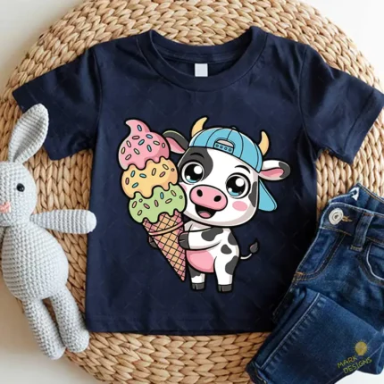 Vector Vaquita Kawaii con Gorra y Helado de Tres Sabores para Sublimación