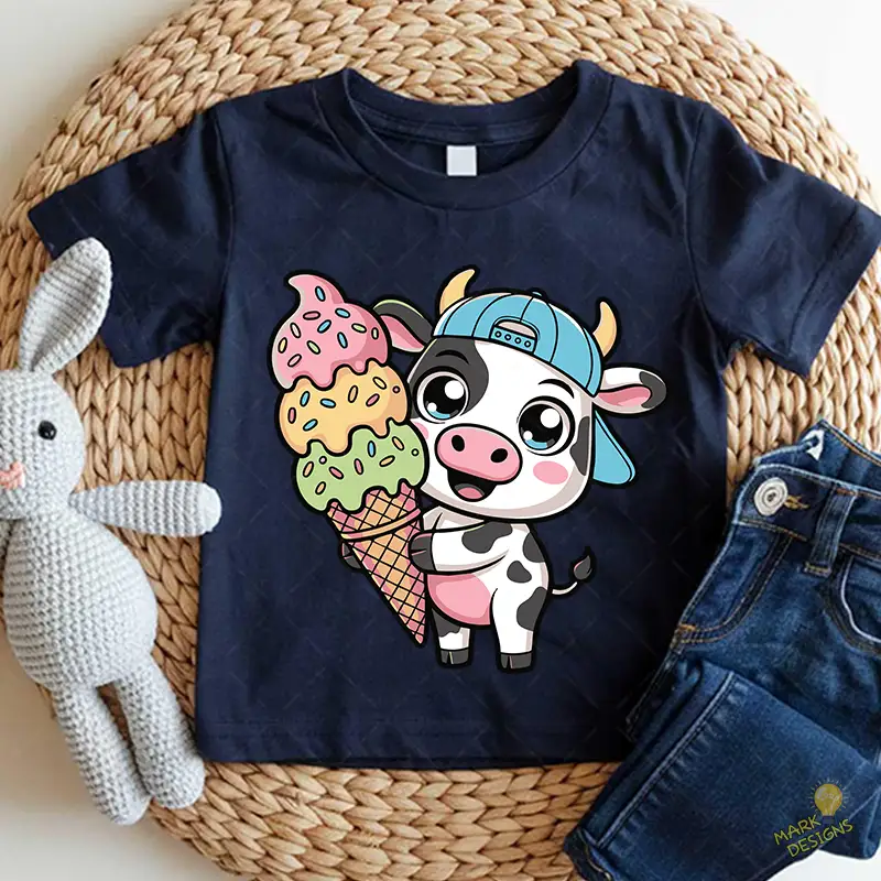 Vector Vaquita Kawaii con Gorra y Helado de Tres Sabores para Sublimación Vector Vaquita Kawaii con Gorra y Helado de Tres Sabores para Sublimación