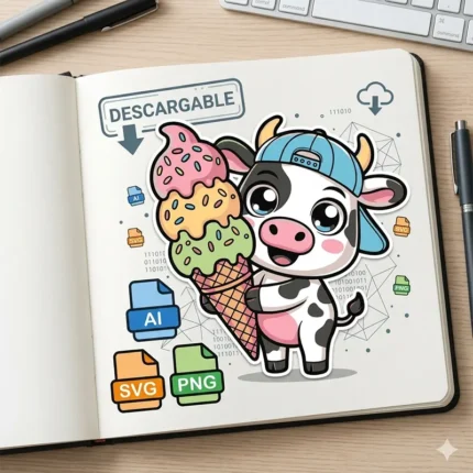 Vector Vaquita Kawaii con Gorra y Helado de Tres Sabores para Sublimación