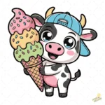 Vector Vaquita Kawaii con Gorra y Helado de Tres Sabores para Sublimación