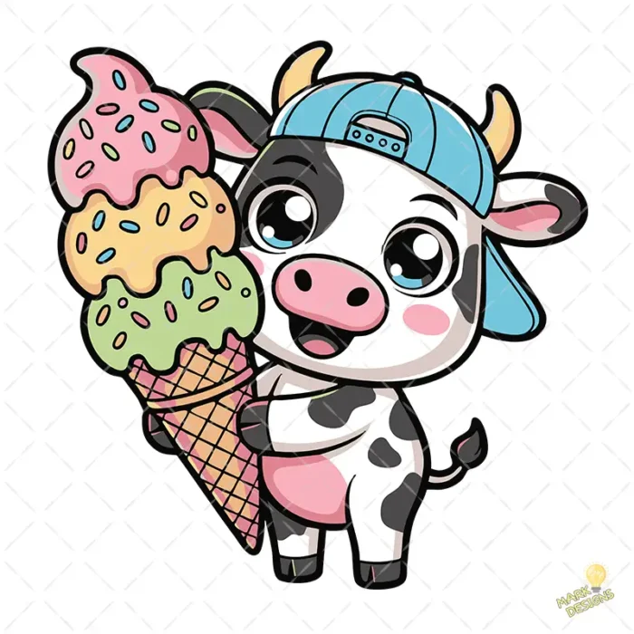Vector Vaquita Kawaii con Gorra y Helado de Tres Sabores para Sublimación