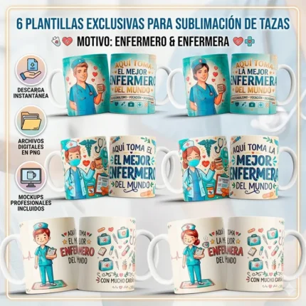 Pack 6 Plantillas para Sublimación de Tazas - Enfermero y Enfermera