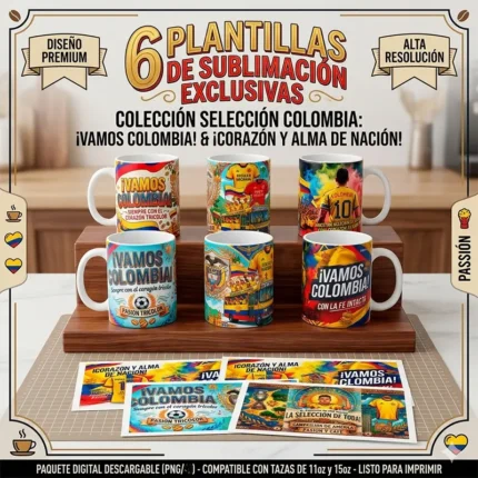 Pack 6 Plantillas para Tazas Selección de Colombia en png