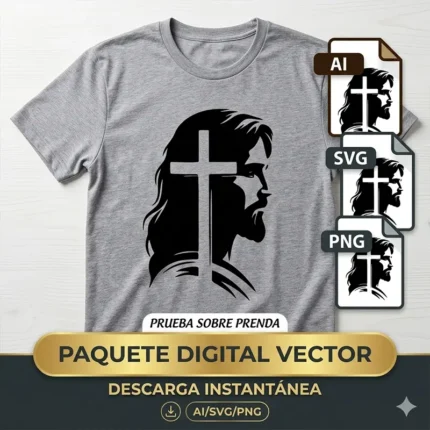 Vector Silueta Rostro de Jesús con Cruz para Sublimación