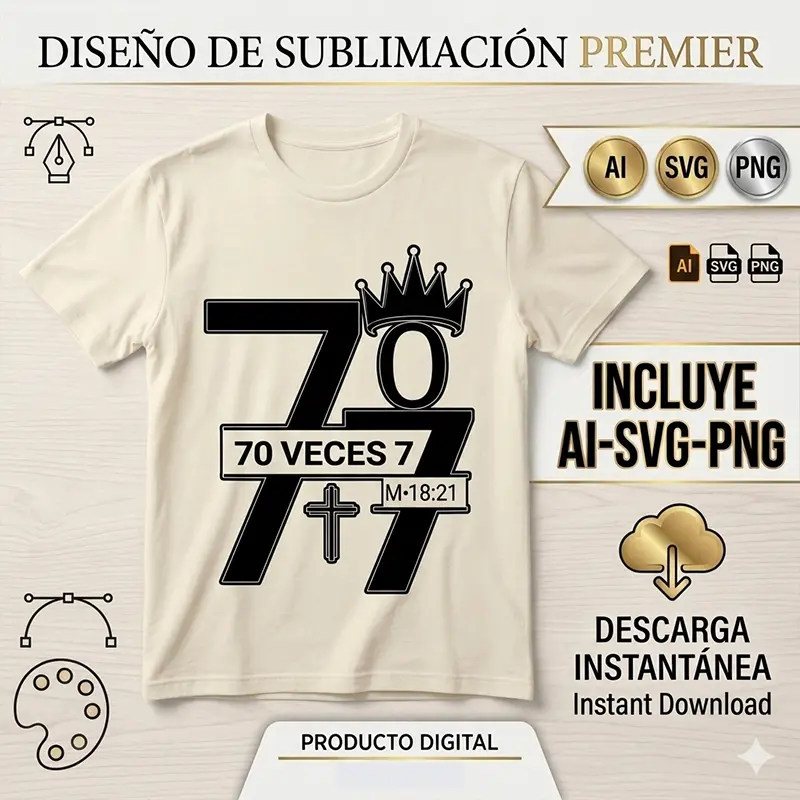 70 Veces 7 – Vector Cristiano con Corona y Cruz Mateo 18.21 para Sublimar Vector cristiano 70 Veces 7 con corona y cruz Mateo 18:21 estampado en remera crema para sublimar SVG PNG AI