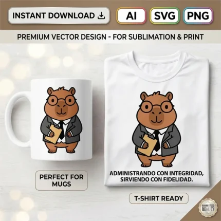 Vector cristiano Administrando con Integridad Sirviendo con Fidelidad con capibara administrador y traje estampado en taza y remera para sublimar svg png ai