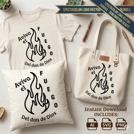Vector cristiano Aviva el Fuego del Don de Dios con llama estampado en remera, cojín y tote bag para sublimar SVG PNG AI