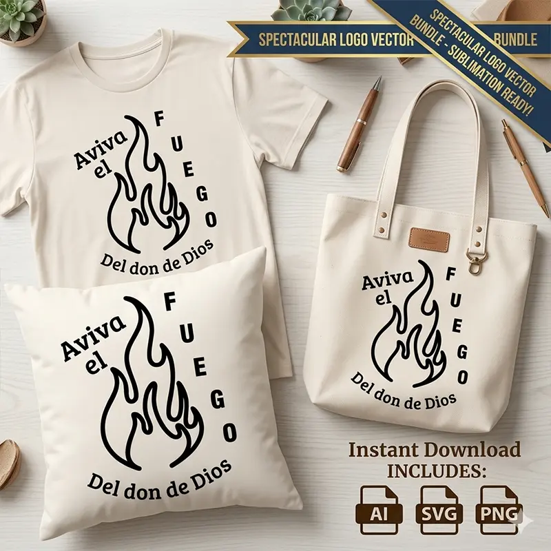 Aviva el Fuego del Don de Dios – Vector Cristiano con Llama para Sublimar Vector cristiano Aviva el Fuego del Don de Dios con llama estampado en remera, cojín y tote bag para sublimar SVG PNG AI