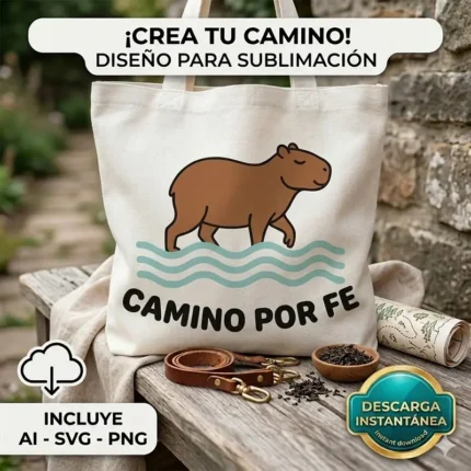 Vector cristiano Camino por Fe con capibara caminando sobre agua estampado en tote bag para sublimar SVG PNG AI