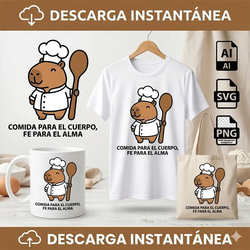 Comida para el Cuerpo, Fe para el Alma – Vector Cristiano Capibara Chef para Sublimar Vector cristiano Comida para el Cuerpo Fe para el Alma con capibara chef gorro y cuchara de madera estampado en remera y taza para sublimar svg png ai