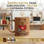 Vector cristiano Corriendo con Fe hacia la Meta con capibara futbolista camiseta roja número 10 y pelota de fútbol estampado en taza para sublimar svg png ai