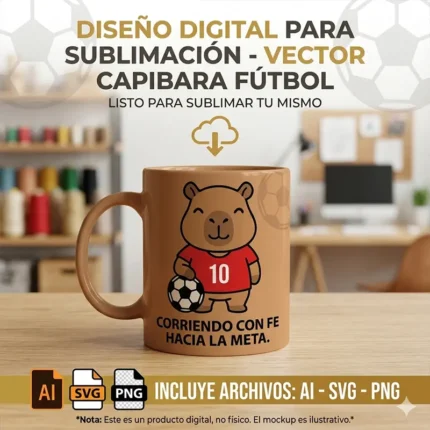 Vector cristiano Corriendo con Fe hacia la Meta con capibara futbolista camiseta roja número 10 y pelota de fútbol estampado en taza para sublimar svg png ai
